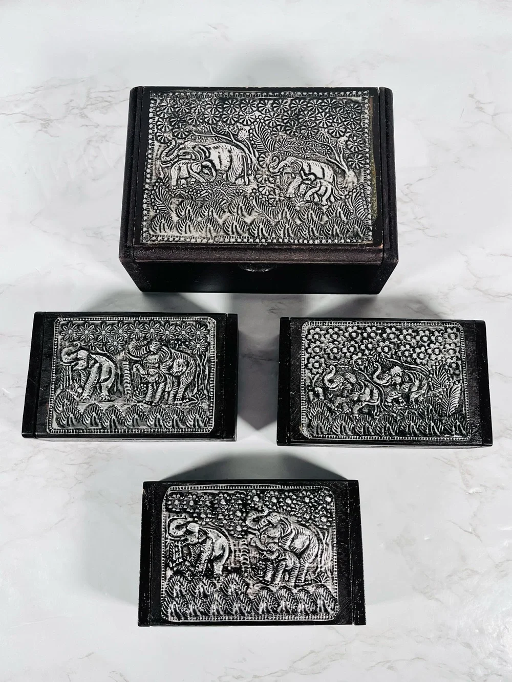 4 Vintage Thai Teak Wood and Silver Trinkets Boxes